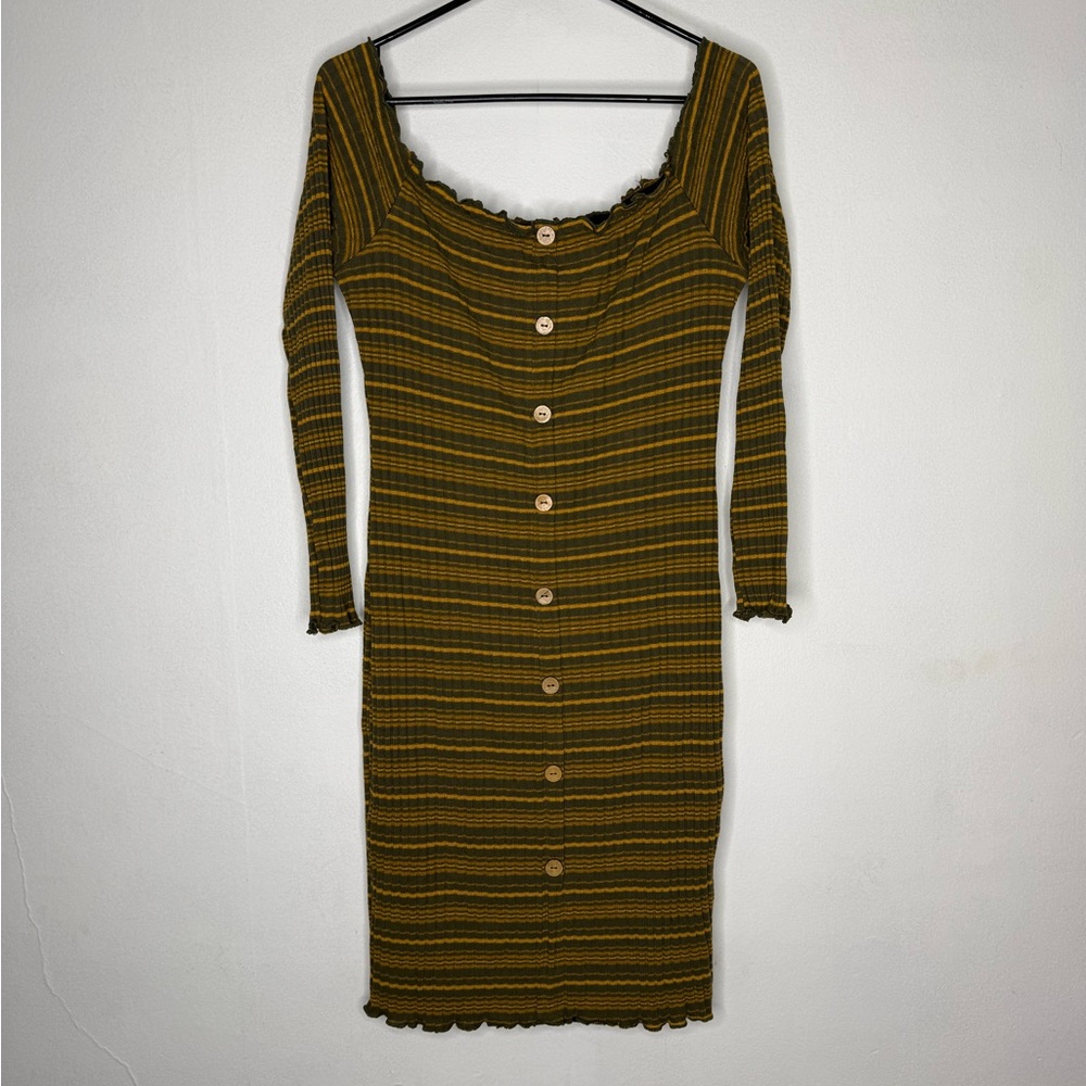 Grey and Mustard Striped Long Sleeve Dress